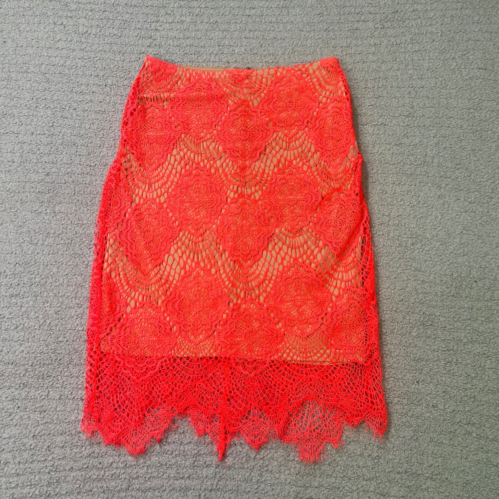 ANGL Skirt Crochet Lace‎ Pencil M Neon Coral Pink Boho Festival Party